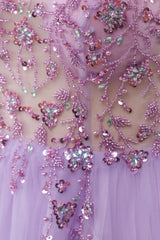 Senior Prom Dress, Purple Beaded Tulle Long Prom Dress