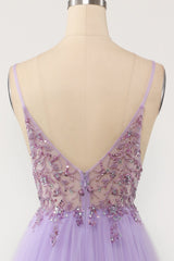 Elegant Gown, Purple Beaded Tulle Long Prom Dress