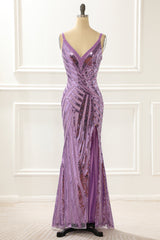 Prom Dresses Long Beautiful, Purple V-neck Sparkly Prom Dress with Slit
