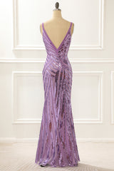 Prom Dress Long Beautiful, Purple V-neck Sparkly Prom Dress with Slit
