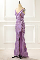 Prom Dress Sweetheart, Purple V-neck Sparkly Prom Dress with Slit