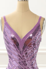 Prom Dresses Sweetheart, Purple V-neck Sparkly Prom Dress with Slit
