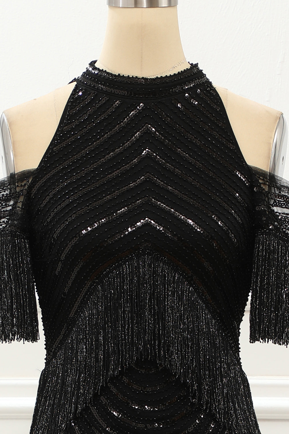 Prom Dress Boutiques Near Me, Black Halter Sequin Glitter Prom Dress with Fringes