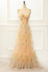Prom Dress Ideas 2032, Tulle Champagne A Line Prom Dress with Embroidery