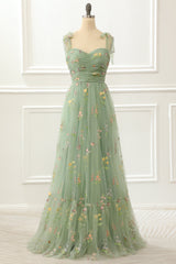 Prom Dress Piece, Tulle Green A Line Prom Dress with Embroidery
