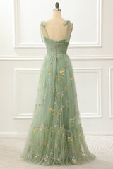 Prom Dresses Pieces, Tulle Green A Line Prom Dress with Embroidery