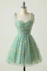 Bridesmaid, Green Spaghetti Straps Short Homecoming Dress with Embroidery