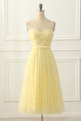 Formall Dresses Short, Yellow Tulle Spaghetti Straps Midi Sparkly Prom Dress