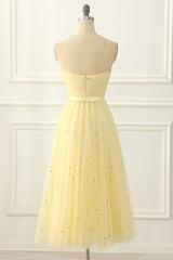 Formal Dress Fall, Yellow Tulle Spaghetti Straps Midi Sparkly Prom Dress