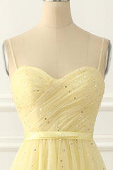 Formal Dresses Fall, Yellow Tulle Spaghetti Straps Midi Sparkly Prom Dress