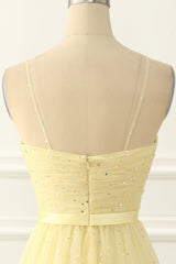 Formal Dresses Size 22, Yellow Tulle Spaghetti Straps Midi Sparkly Prom Dress