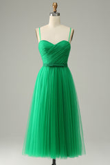 Royal Dress, Green Tulle A-line Midi Prom Dress with Ruffles