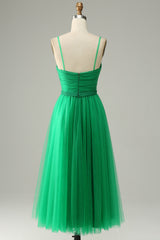 On Piece Dress, Green Tulle A-line Midi Prom Dress with Ruffles