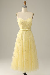 Prom Dress Ideas, Yellow Spaghetti Straps Tea Length Prom Dress
