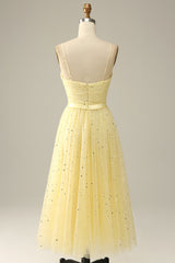Prom Dress Blue, Yellow Spaghetti Straps Tea Length Prom Dress