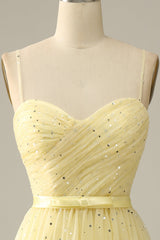 Night Dress, Yellow Spaghetti Straps Tea Length Prom Dress