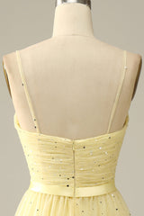 Black Formal Dress, Yellow Spaghetti Straps Tea Length Prom Dress