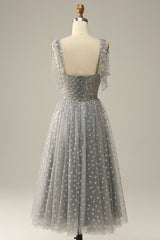 Girlie Dress, Grey Spaghetti Straps Tea-Length Prom Dress With Bowknots
