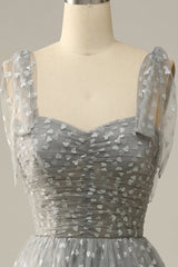 Prom Outfit, Grey Spaghetti Straps Tea-Length Prom Dress With Bowknots