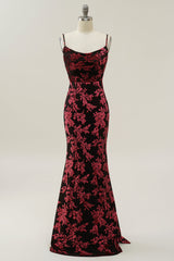 On Shoulder Dress, Sheath Spaghetti Straps Burgundy Printed Velvet Long Prom Dress with Silt
