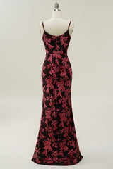 Prom Ideas, Sheath Spaghetti Straps Burgundy Printed Velvet Long Prom Dress with Silt