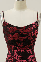 Cute Summer Dress, Sheath Spaghetti Straps Burgundy Printed Velvet Long Prom Dress with Silt