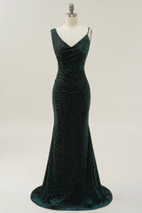 Semi Formal, Mermaid V Neck Green Velvet Long Prom Dress