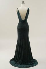 Long Black Dress, Mermaid V Neck Green Velvet Long Prom Dress