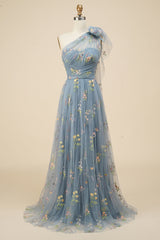 Wedding Decor, A-Line Grey Blue Long Prom Dress With Embroidery