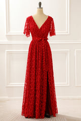 Prom Dress, Red V-neck Lace Prom Dress with Slit