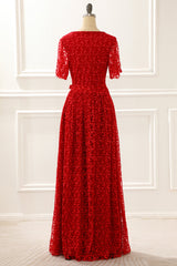 Prom Dresses, Red V-neck Lace Prom Dress with Slit