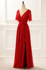 Wedding Dress, Red V-neck Lace Prom Dress with Slit