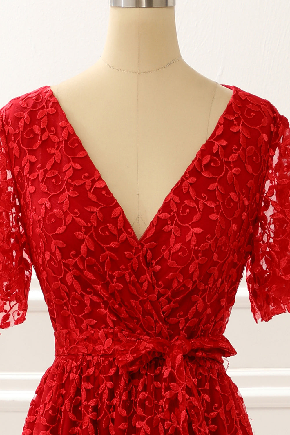 Prom Dress Burgundy, Red V-neck Lace Prom Dress with Slit