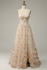 Wedding Flower, Apricot A Line Print Prom Dress with Slit