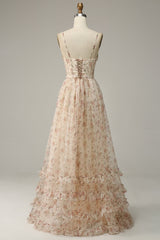 Fall Wedding, Apricot A Line Print Prom Dress with Slit