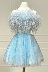 Homecoming Dress Formal, Light Blue A-Line Strapless Homecoming Dress with Feathers
