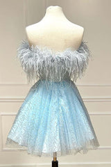 Homecoming Dress Style, Light Blue A-Line Strapless Homecoming Dress with Feathers