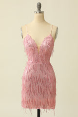 Homecoming Dresses Vintage, Pink Spaghetti Straps Bodycon Homecoming Dress With Feathers