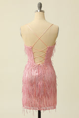 Homecoming Dress Vintage, Pink Spaghetti Straps Bodycon Homecoming Dress With Feathers