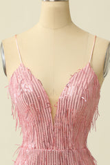 Homecomeing Dresses Vintage, Pink Spaghetti Straps Bodycon Homecoming Dress With Feathers