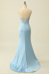 Formal Dresses Short, Light Blue Mermaid Spaghetti Straps Prom Dress