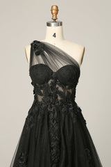 Bridesmaid Dress Floral, A Line One Shoulder Black Long Prom Dress with Appliques