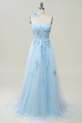 Mermaid Dress, A Line One Shoulder Sky Blue Long Prom Dress with Appliques