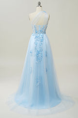 Wedding Color Palette, A Line One Shoulder Sky Blue Long Prom Dress with Appliques