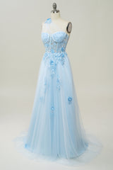 Bridal Dress, A Line One Shoulder Sky Blue Long Prom Dress with Appliques