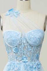 Bridesmaid Dresses Velvet, A Line One Shoulder Sky Blue Long Prom Dress with Appliques