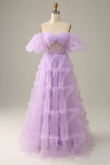 Bridesmaids Dresses Black, Purple Tulle Off The Shoulder Prom Dress