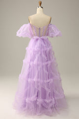 Bridesmaid Dress Black, Purple Tulle Off The Shoulder Prom Dress