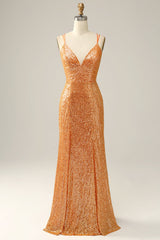 Party Dress Long, Orange Sequined Backless Mermaid Prom Dress
