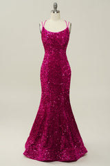 Party Dress Designs, Hot Pink Sequin Spaghetti Straps Mermaid Prom Dress with Lace-up Back